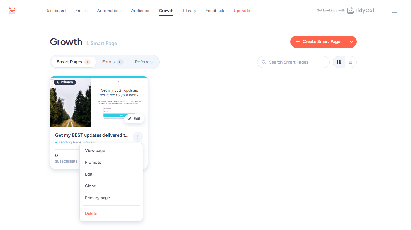 Growth Smart Pages page with the three-dot menu open on a Smart Page card, showing View page to Delete