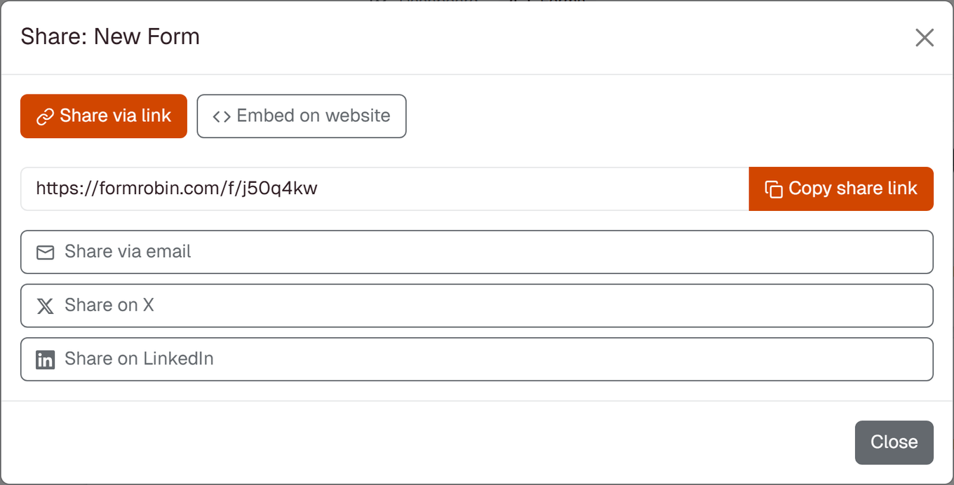 Share window on the Share via link tab: form link with Copy share link, Share via email, Share on X and Share on LinkedIn