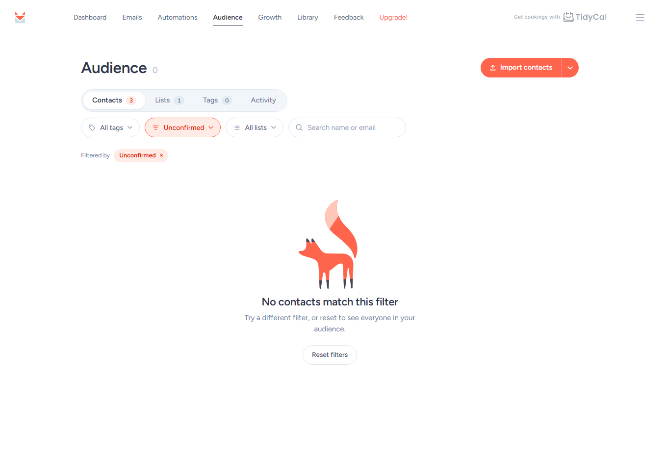 SendFox Contacts page with the status filter set to Unconfirmed