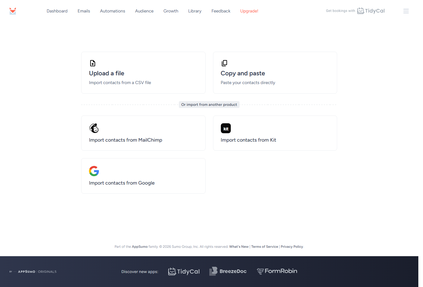 SendFox import options: Upload a file, Copy and paste, and imports from MailChimp, Kit and Google