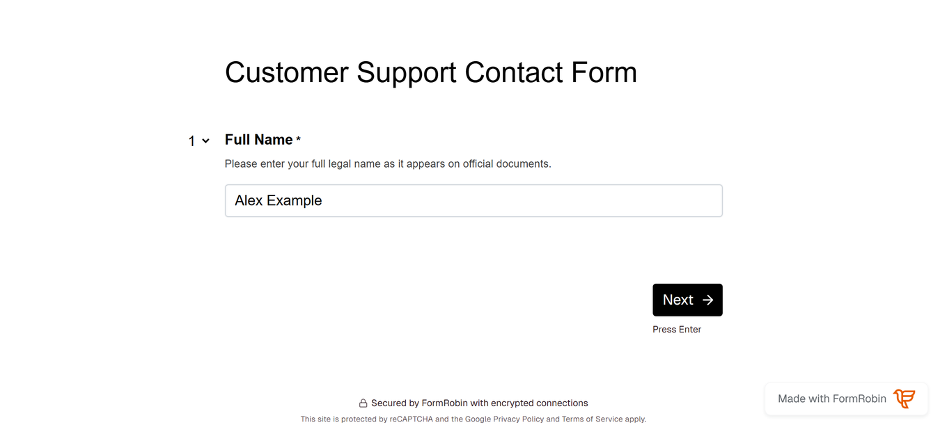Multi-page form, first page: Full Name answered and the Next button with the Press Enter hint