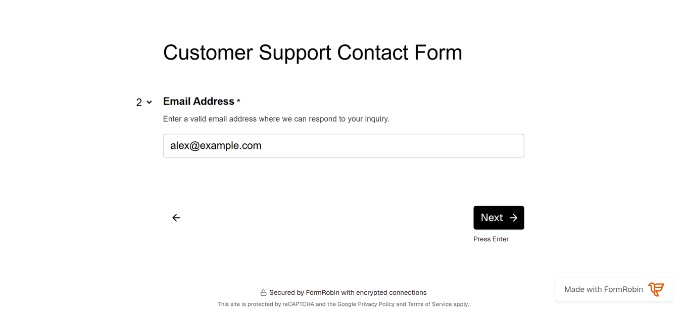 Multi-page form, second page: back arrow on the left, Next with the Press Enter hint on the right