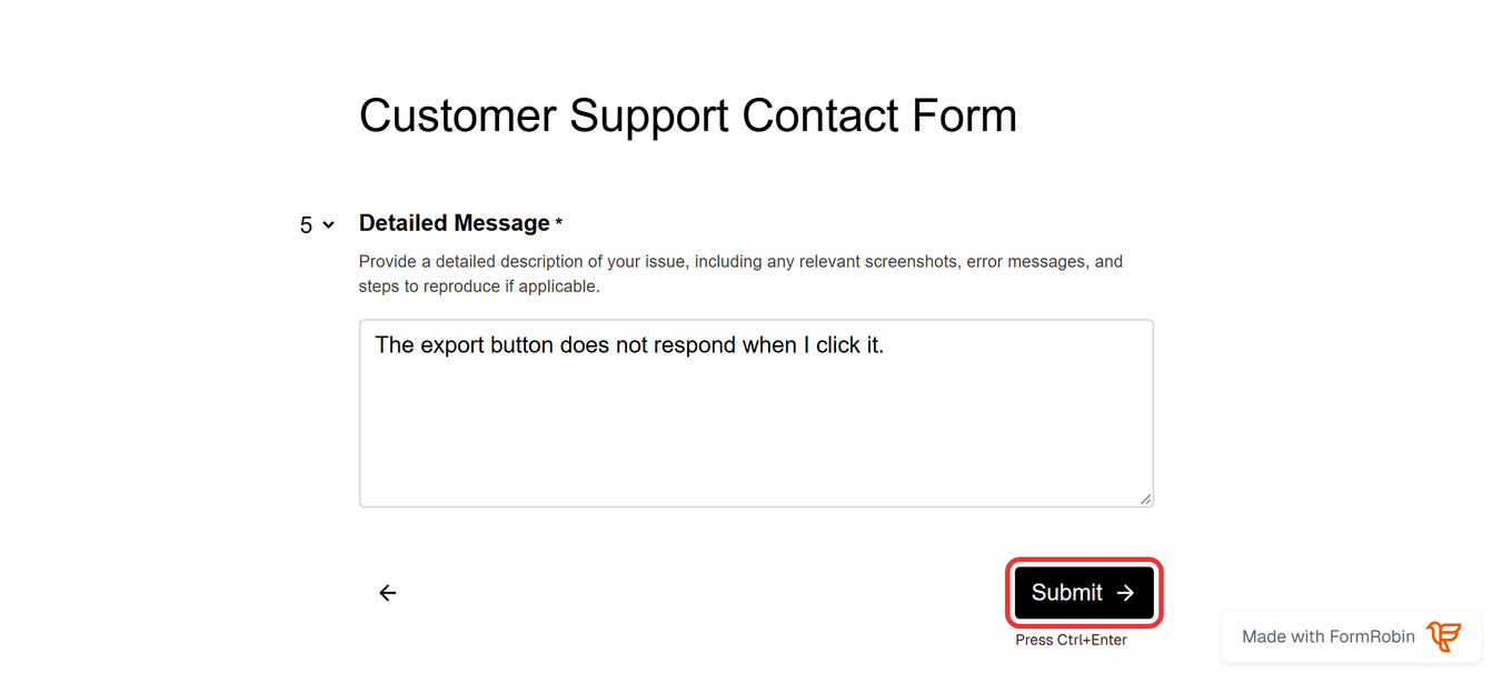 Last page of a multi-page form: Submit replaces Next, with the Press Ctrl+Enter hint