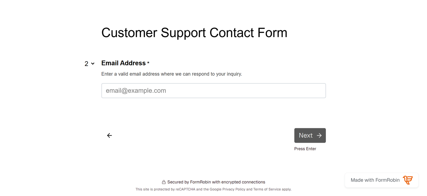 Multi-page form: Next stays greyed out until the required Email Address question is answered