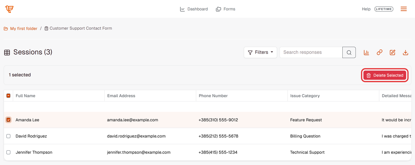 Sessions table with one submission ticked: 1 selected and the Delete Selected button