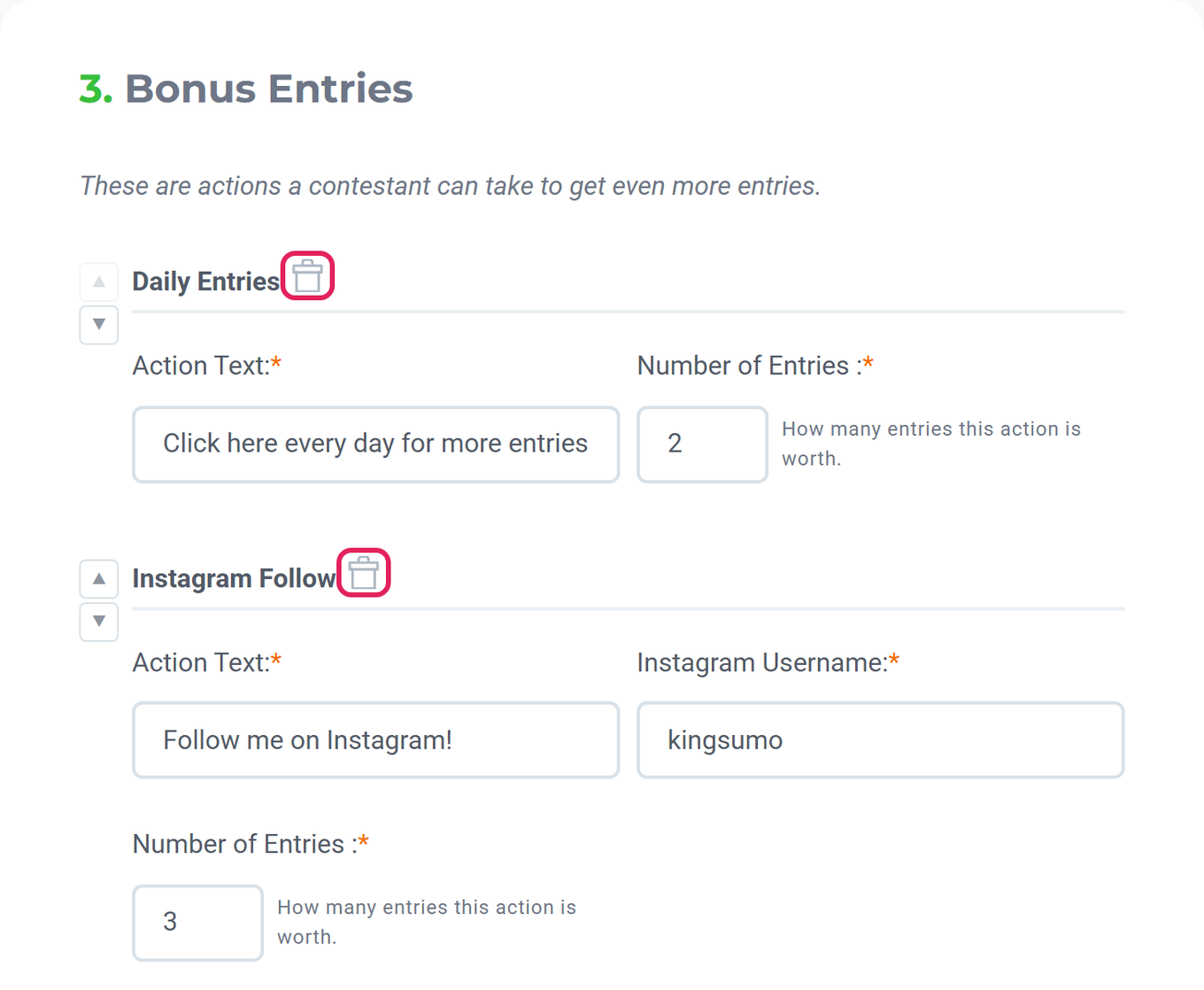Bonus Entries section with the remove button next to each action highlighted