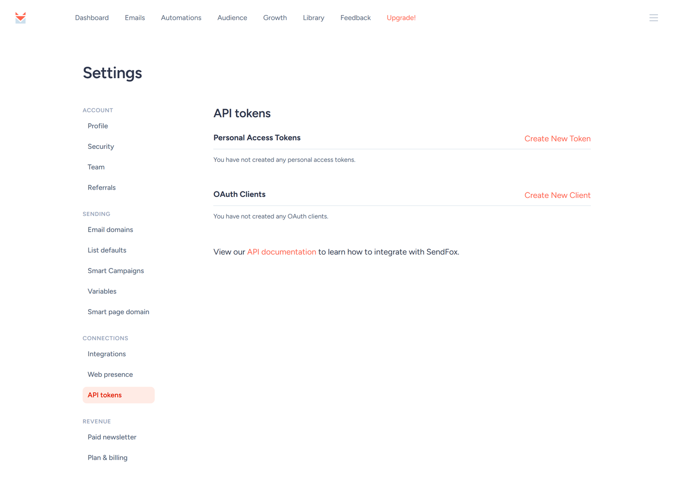 SendFox API tokens settings page with the Create New Token link