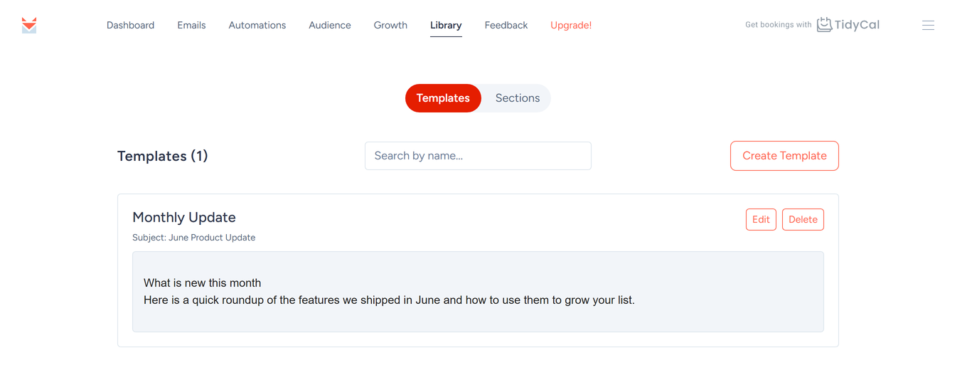 Library Templates page with the Create Template button and a saved template with Edit and Delete