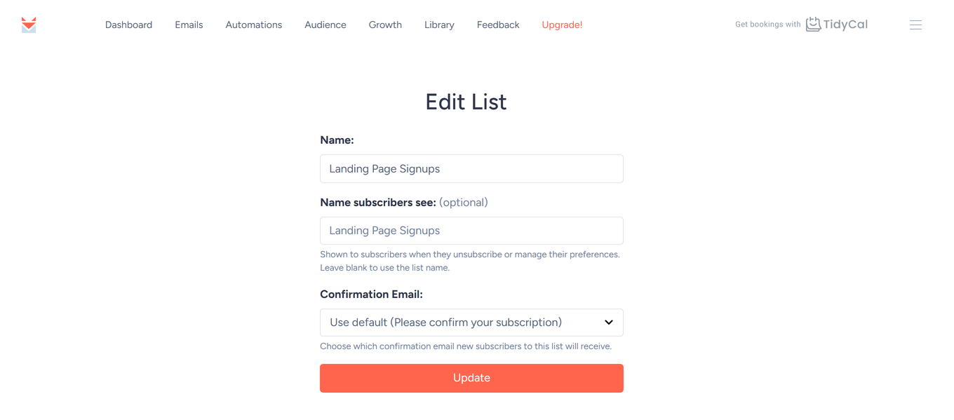 SendFox Edit List page with Name subscribers see and the Confirmation Email dropdown