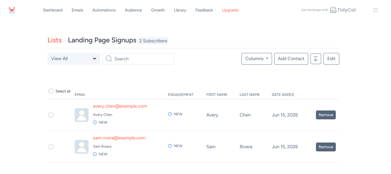 SendFox list contacts page with the Export CSV download icon next to Add Contact and Edit