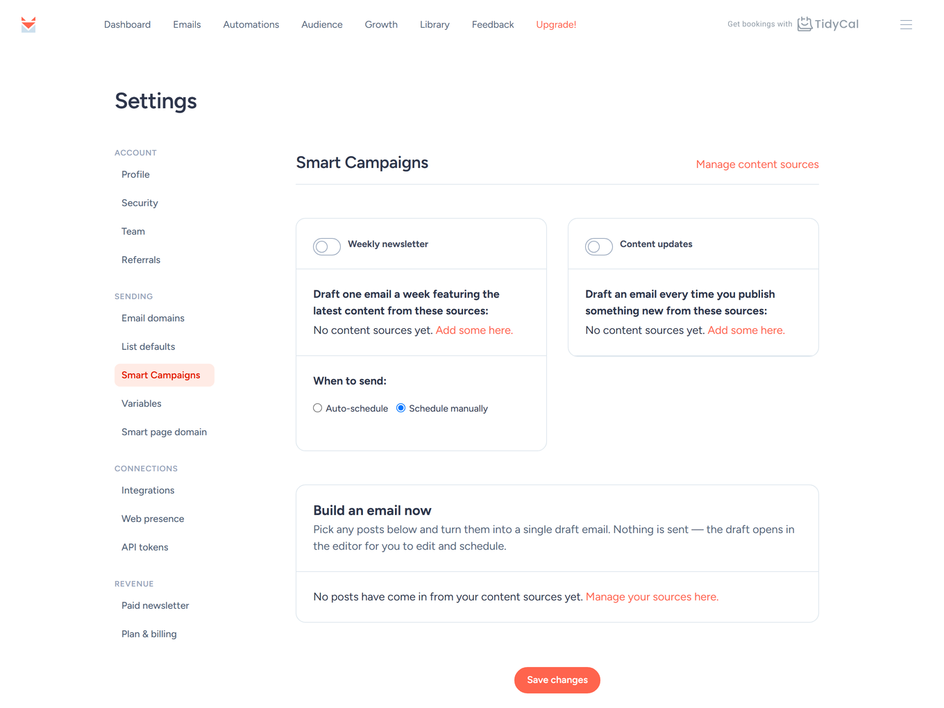 SendFox Smart Campaigns settings with Weekly newsletter, Content updates and Build an email now