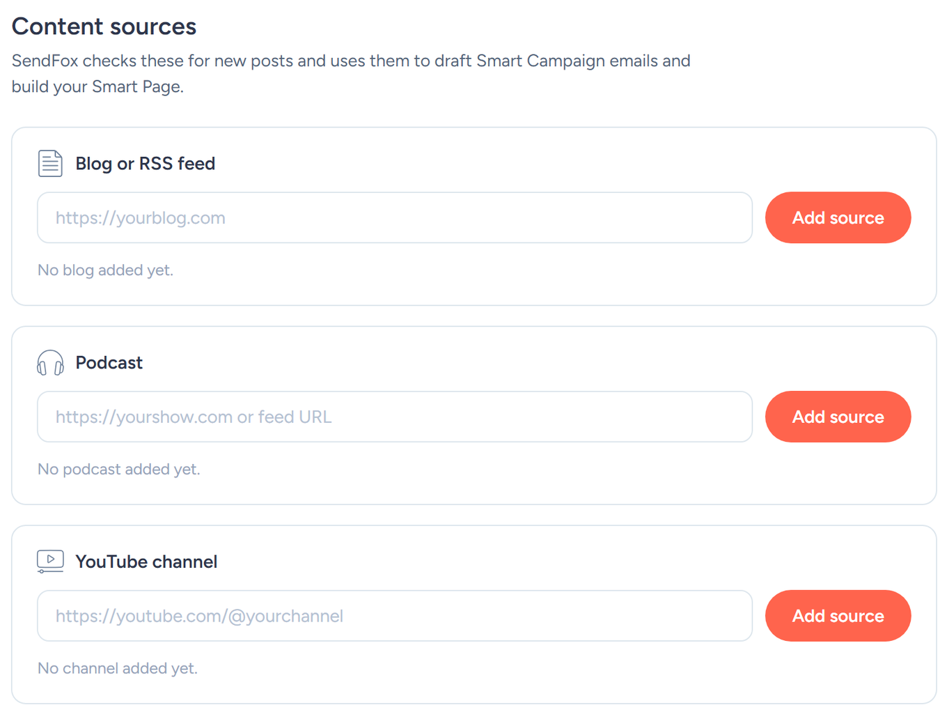 SendFox Web presence page Content sources section with Blog, Podcast, and YouTube fields