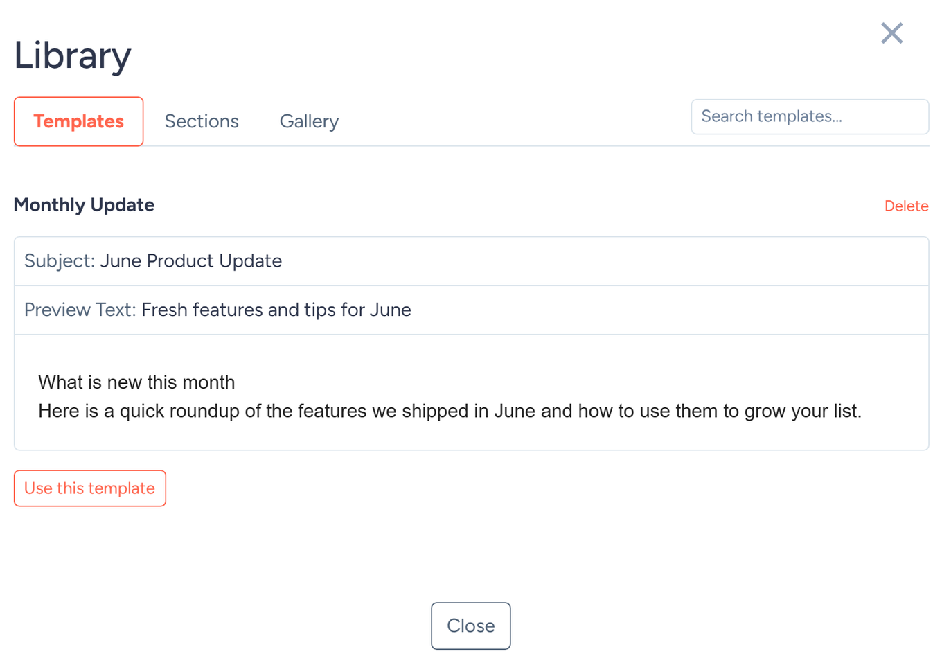 Library panel in the email editor showing a saved template with the Use this template button