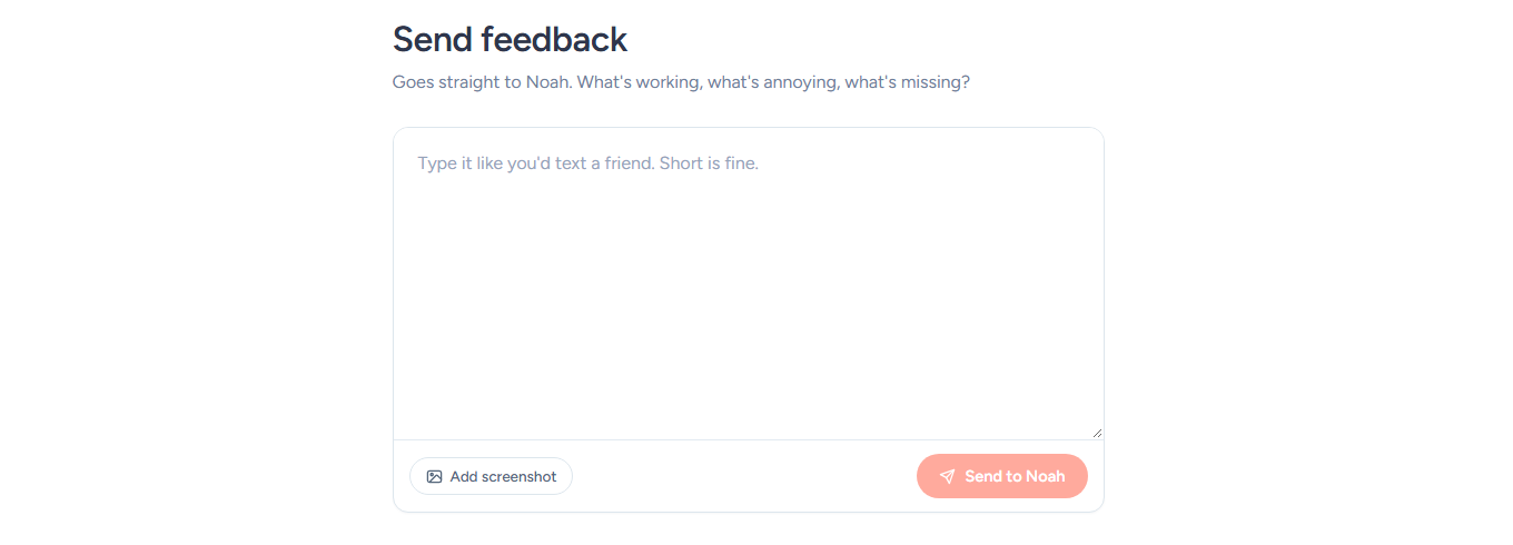 The Send feedback form in SendFox with a message box, Add screenshot and Send to Noah buttons