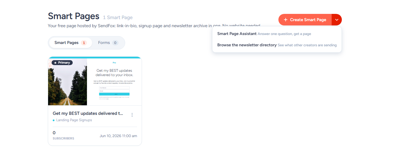 The Smart Pages page with the Create Smart Page menu open: Smart Page Assistant and Browse the newsletter directory