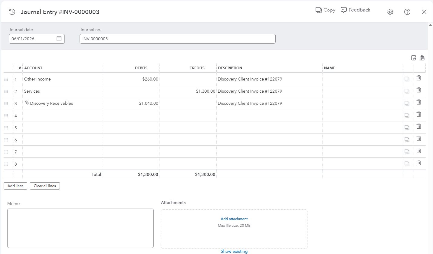 The same journal entry in QuickBooks Online