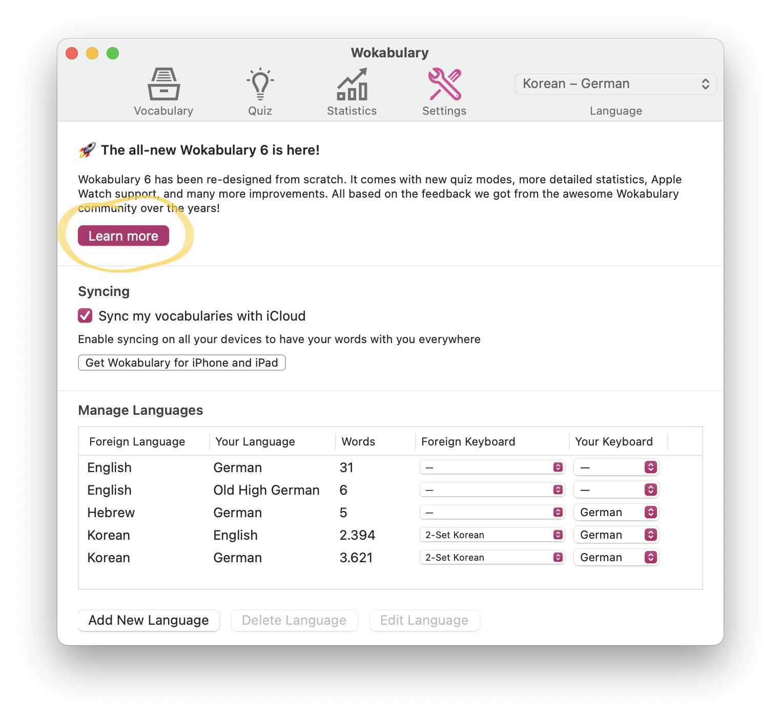 Screenshot of Wokabulary 5 on macOS with a highlight on the Learn More button in the Settings.