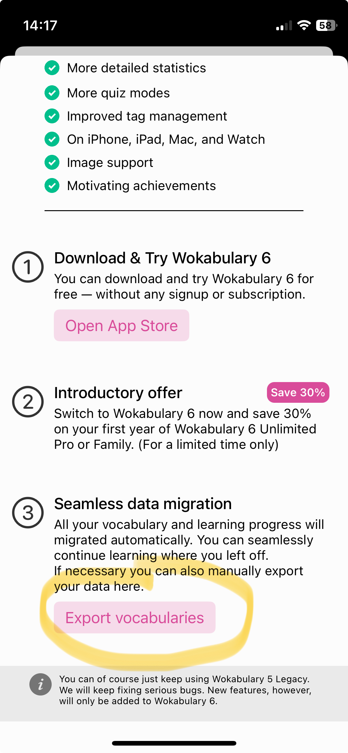 Screenshot of the migration info in Wokabulary 5 on iPhone with a highlight on the Export vocabularies button
