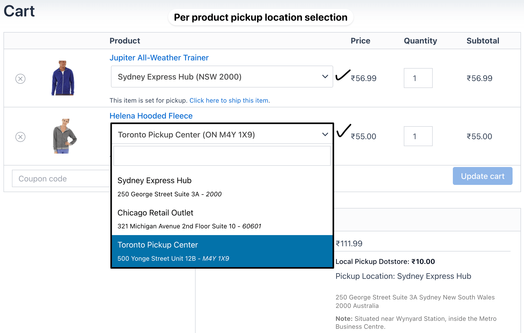 cart page per product pickup selection