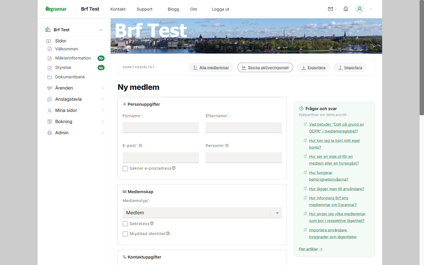 Formuläret för att lägga till en ny medlem