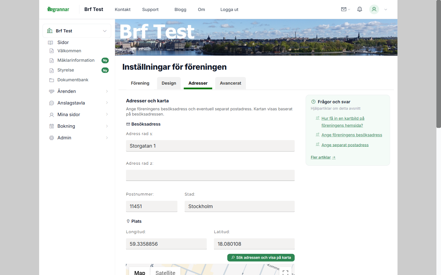 Inställningar - fliken Adresser med besöksadress och karta