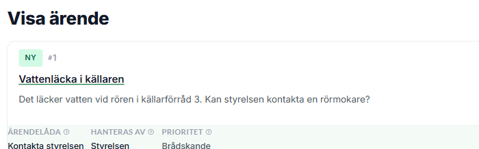 Detaljvy av ett ärende med rubrik, beskrivning och prioritet