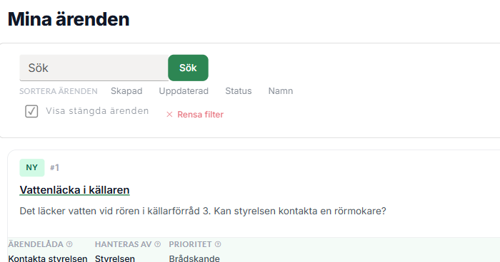 Lista med ärenden under Mina ärenden