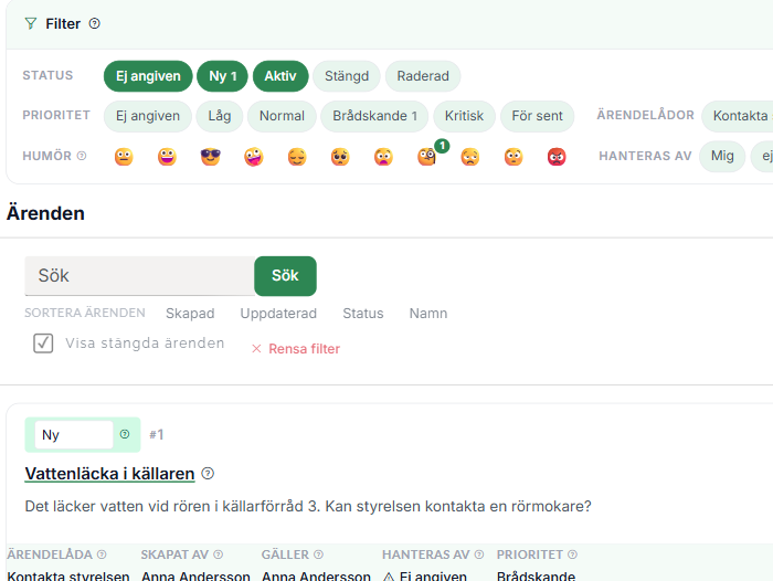 Administrationsvyn för ärenden med filterpanel