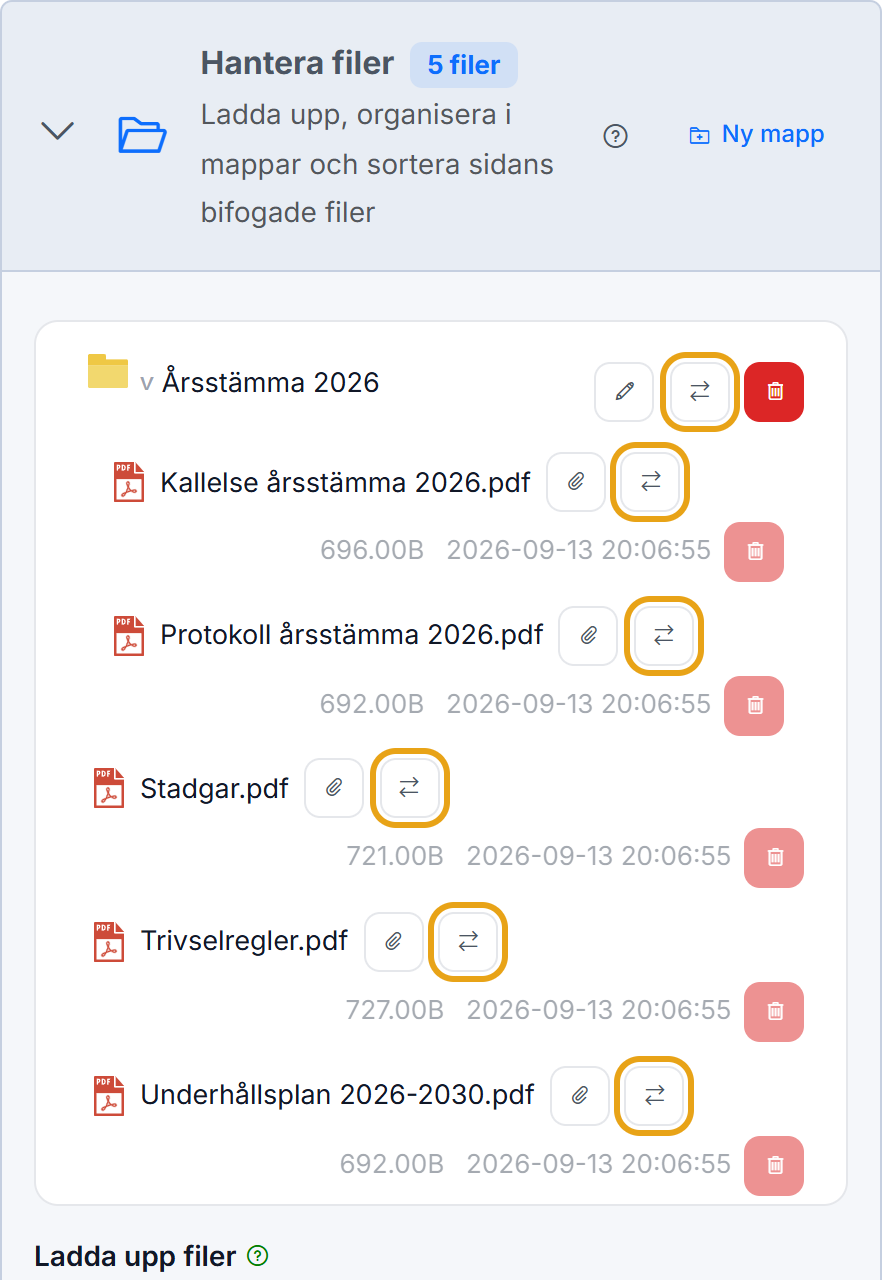 Fillistan under Hantera filer med flyttknappen markerad vid varje fil och mapp