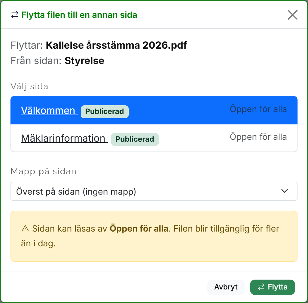 Dialogen Flytta filen till en annan sida med sidlista, mappval och varning om läsbehörighet