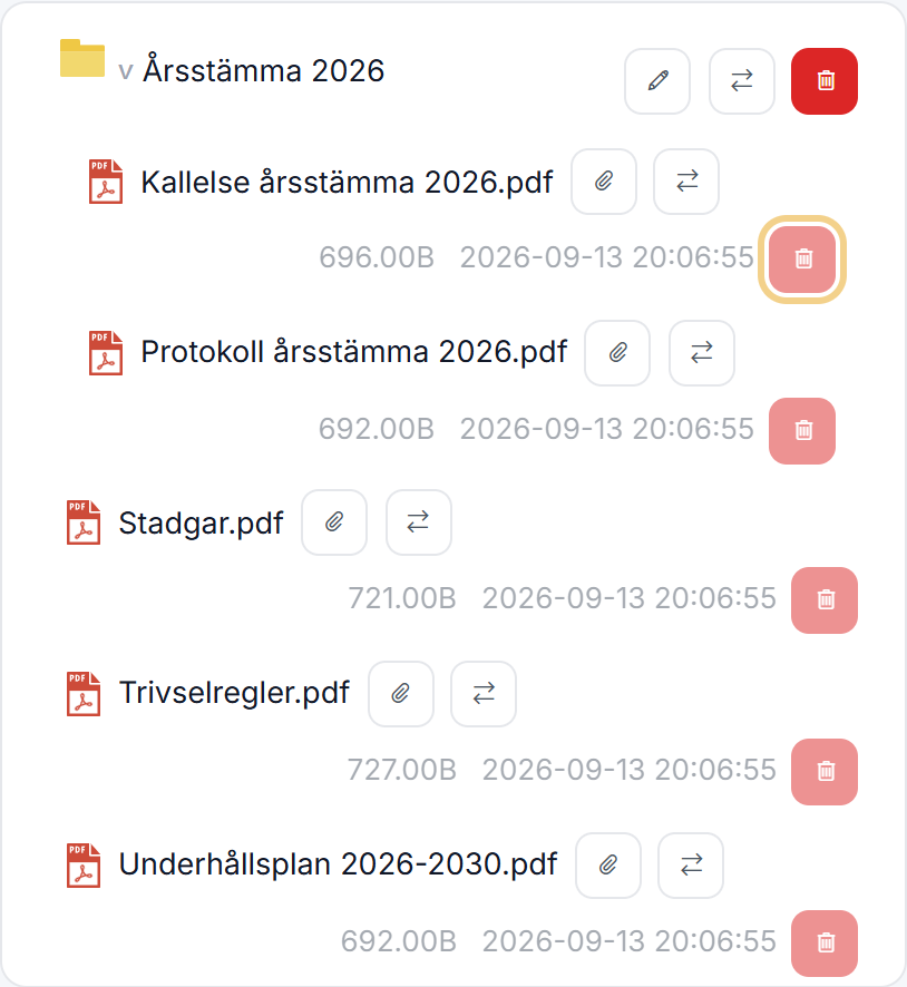Fillistan under Hantera filer med papperskorgen markerad vid en fil