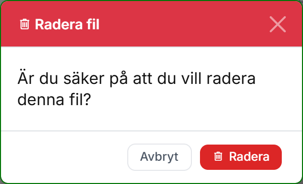 Dialogen Radera fil med knapparna Avbryt och Radera