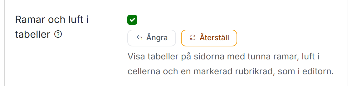 Inställningen Ramar och luft i tabeller med kryssruta, Ångra och Återställ