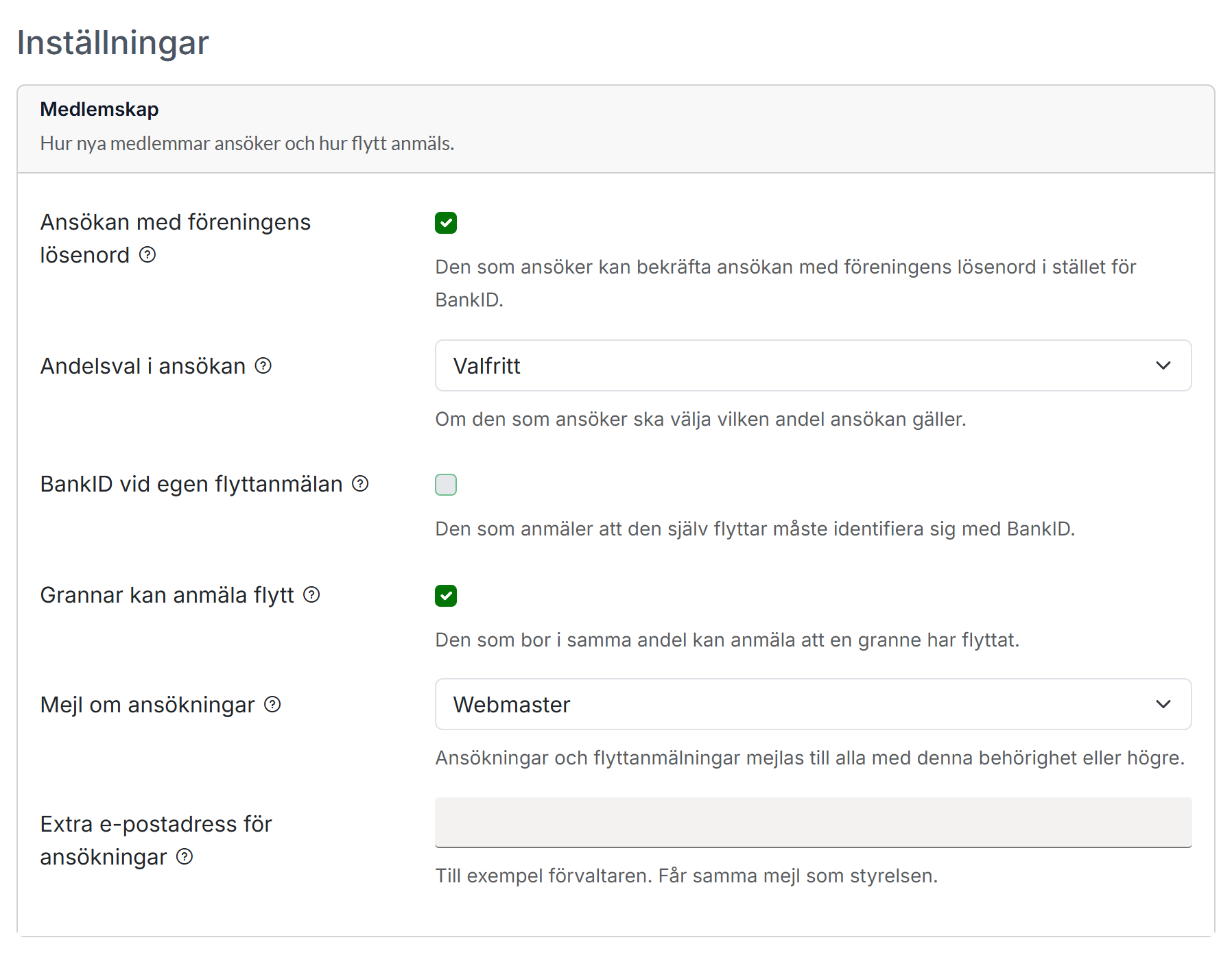 Inställningsgruppen Medlemskap med sex inställningar