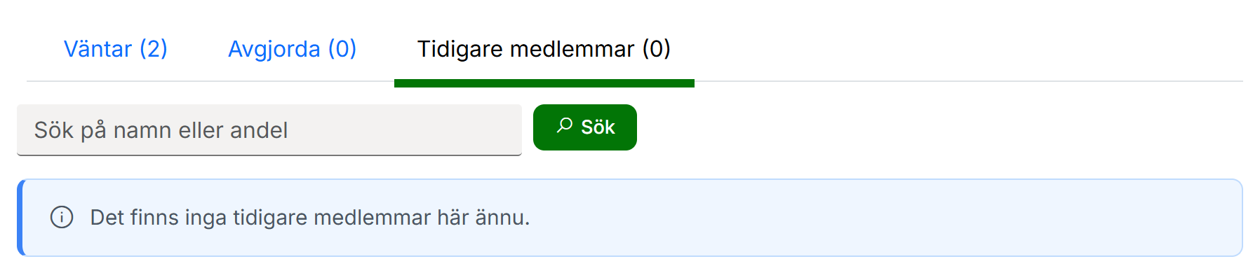 Fliken Tidigare medlemmar med sökfältet