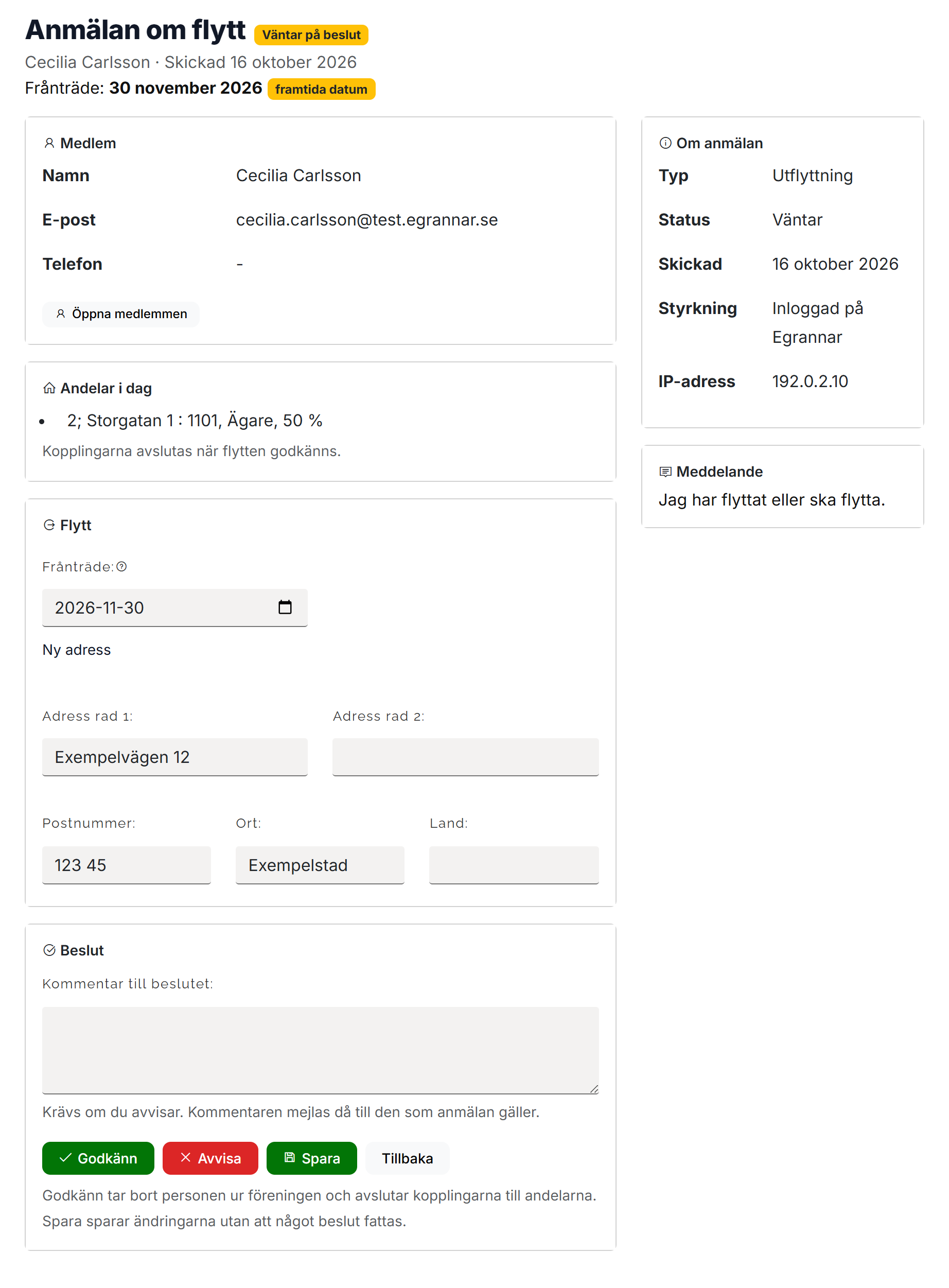 Beslutssidan för en flyttanmälan med Medlem, Andelar i dag, Flytt med frånträde och ny adress, och Beslut