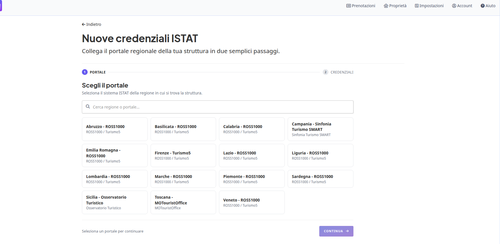 Wizard ISTAT: scelta del portale regionale