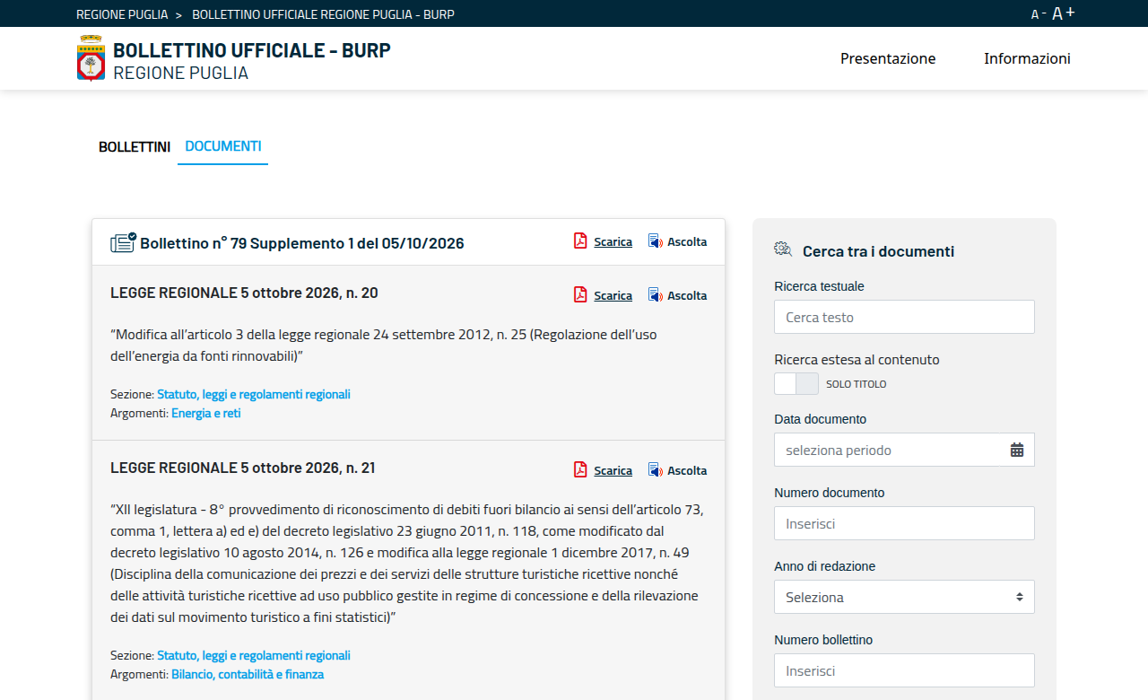 BURP n. 79 supplemento 1 del 5 ottobre 2026: elenco con la legge regionale n. 21, modifica alla L.R. 49