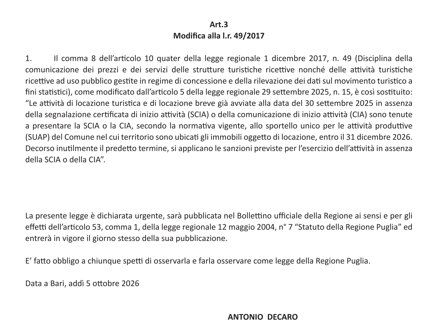 L.R. 21/2026, articolo 3: CIA o SCIA entro il 31 dicembre 2026 per le locazioni già avviate al 30 settembre 2025