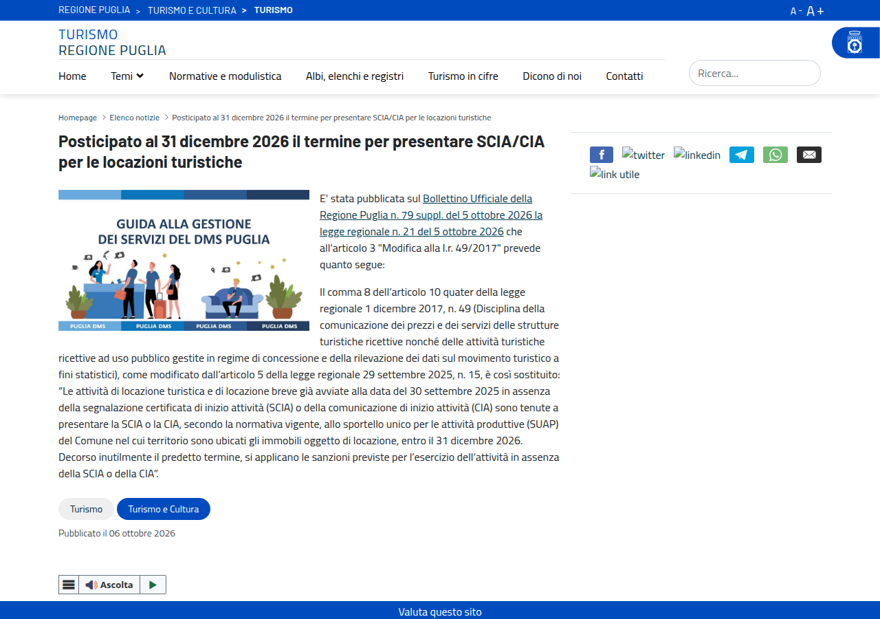 Sezione Turismo Regione Puglia, 6 ottobre 2026: termine CIA o SCIA posticipato al 31 dicembre 2026, L.R. 21/2026
