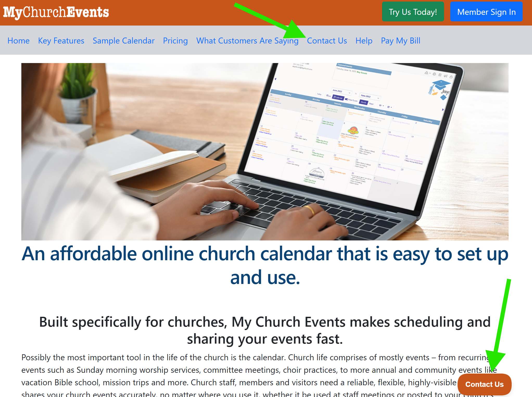 My Church Events Website Contact Us links