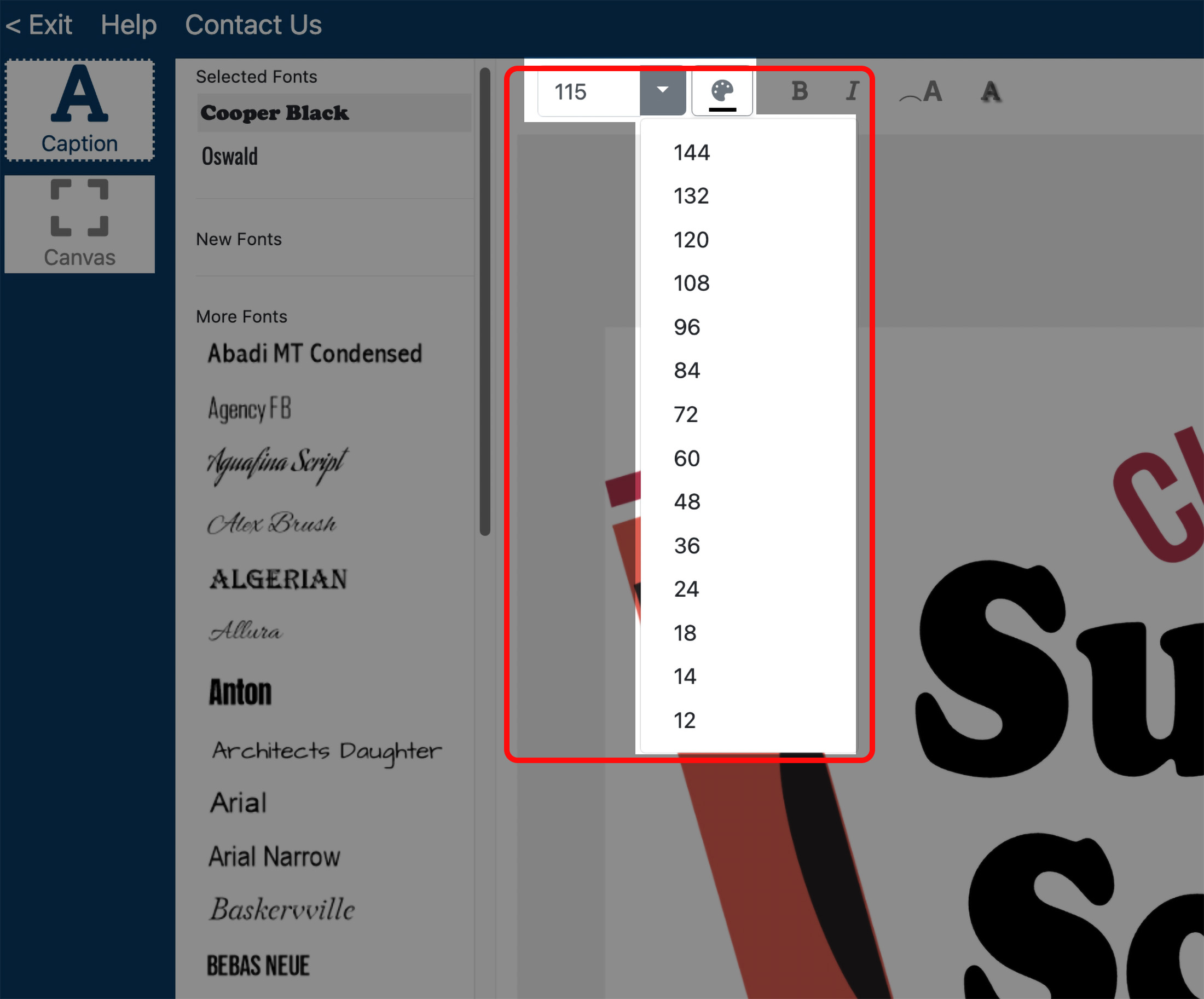 Caption Editor text size menu image