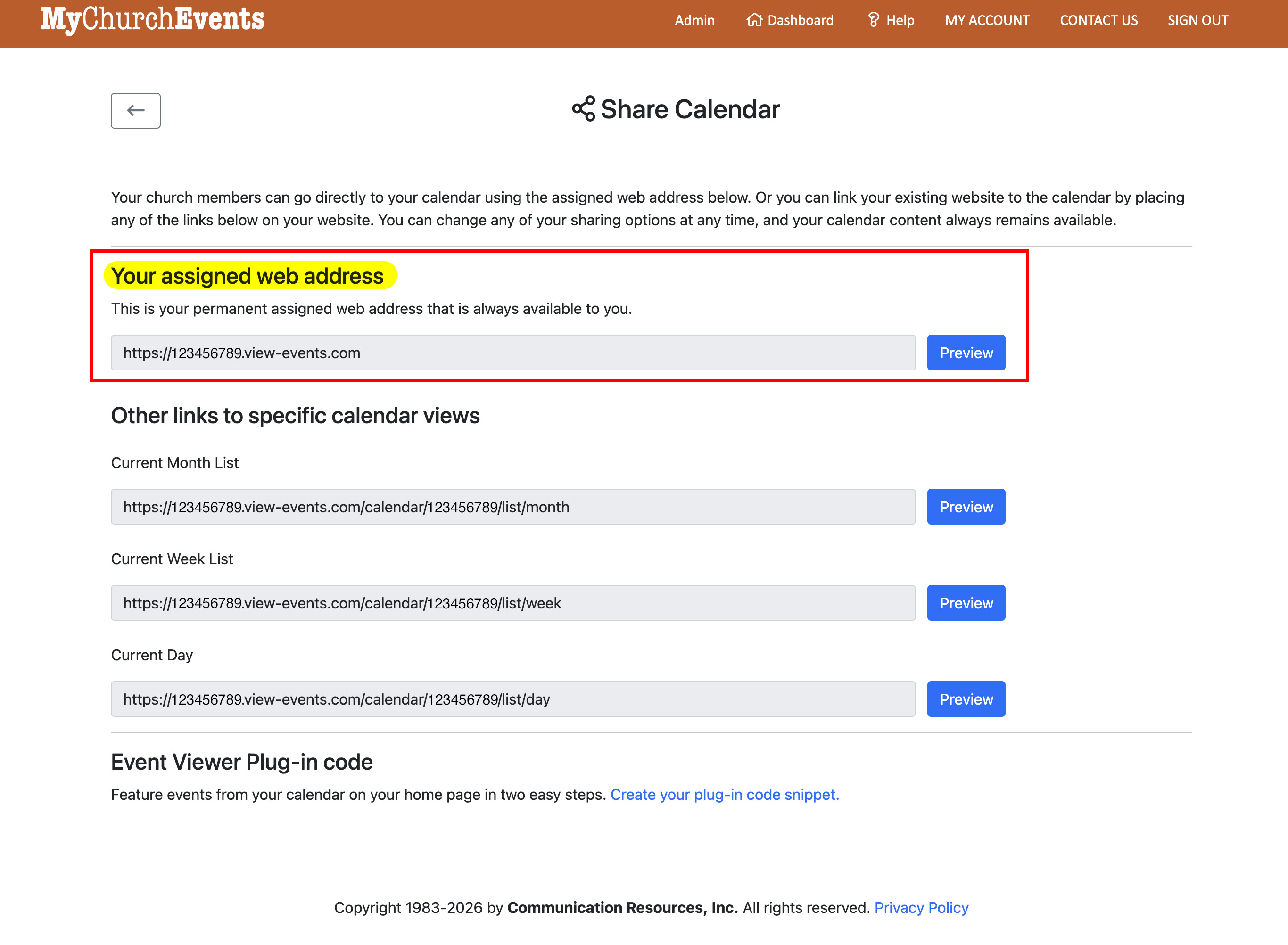 The assigned web address section on the Share Calendar page.