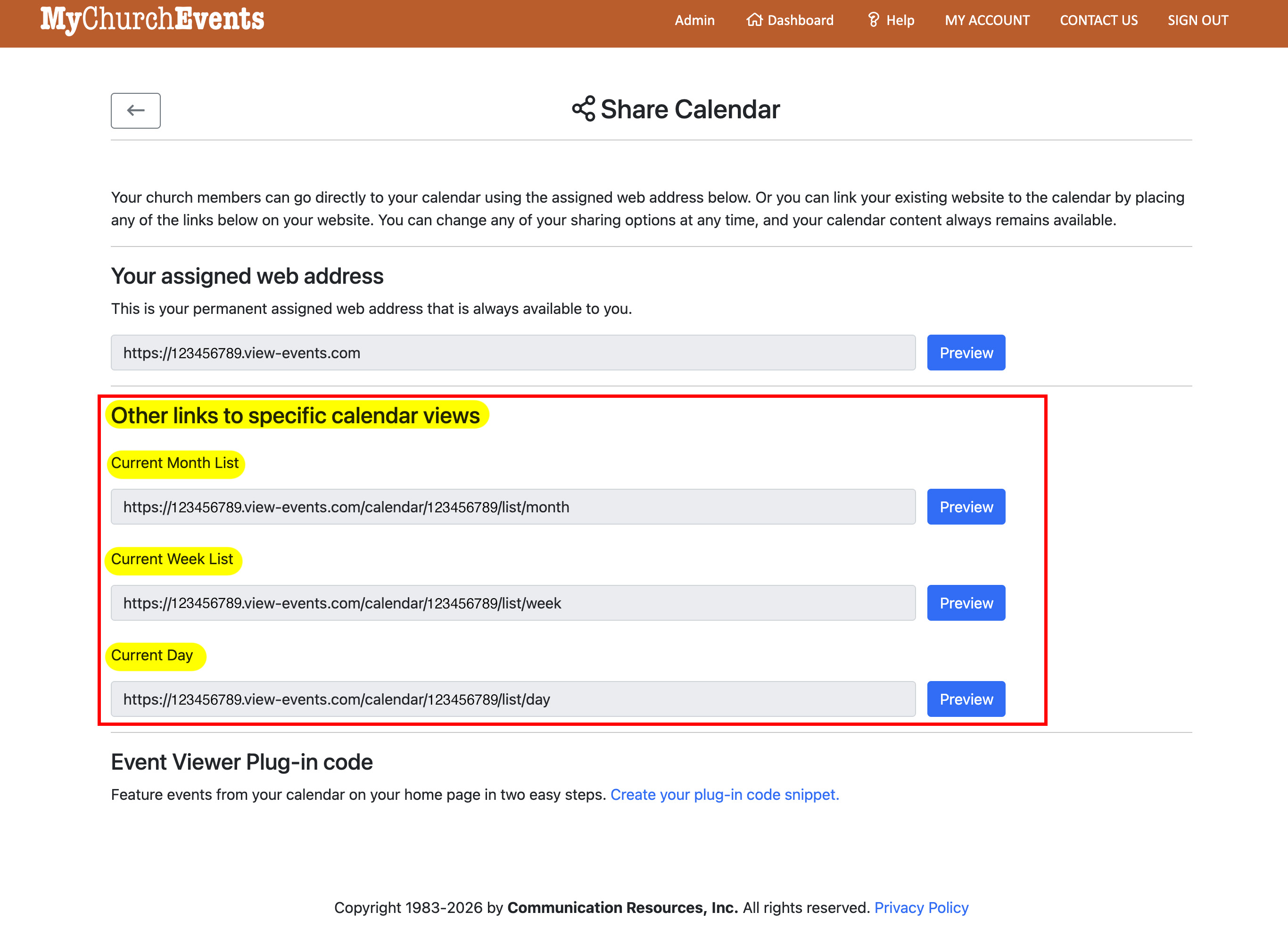 Specific calendar view links for Current Month List, Current Week List, and Current Day.