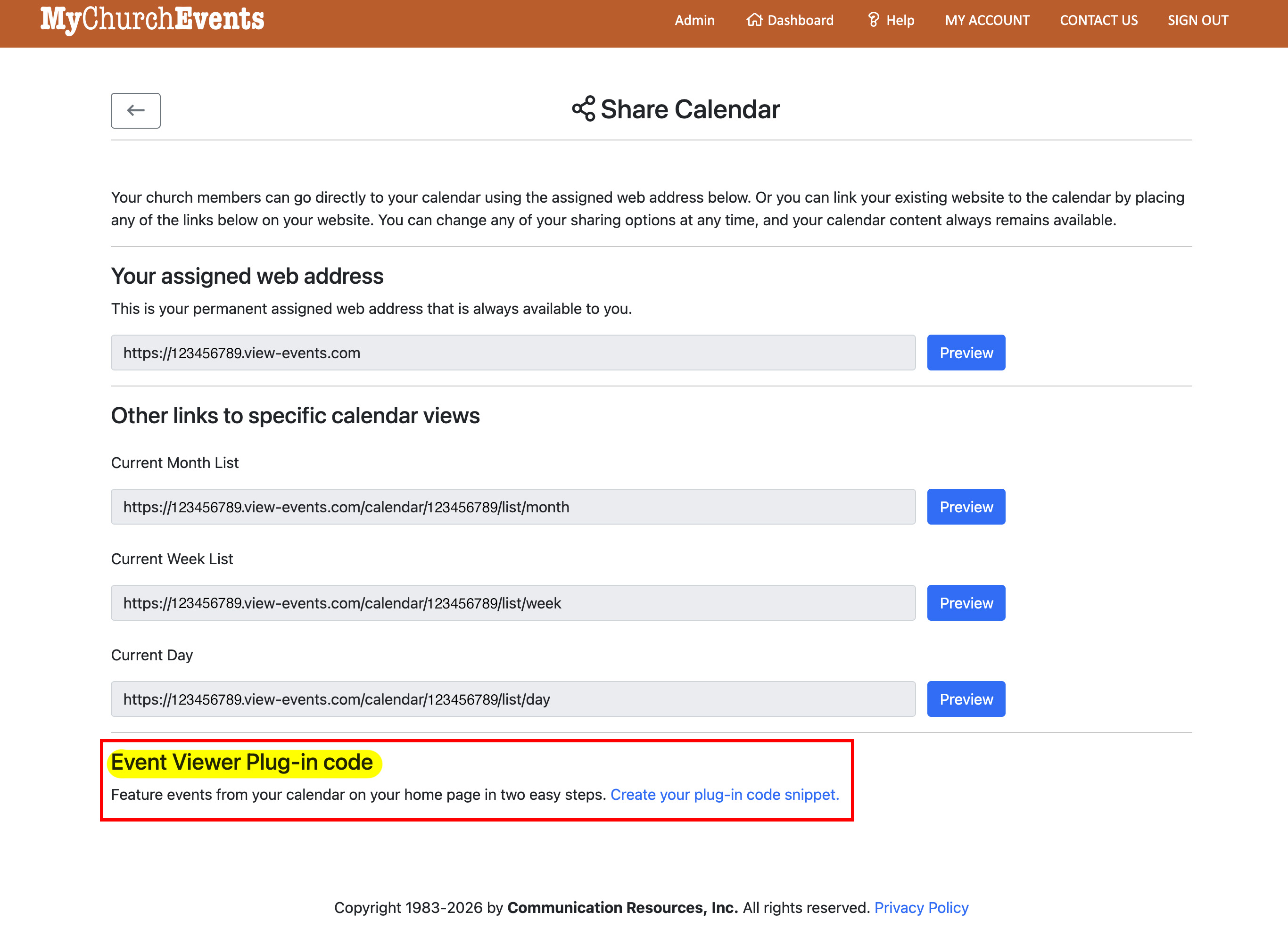 The Event Viewer Plug-in code option on the Share Calendar page.