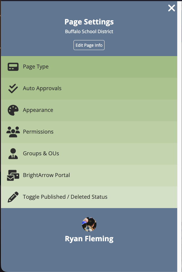 The Page Settings panel for a page named Ryans playground under Buffalo School District, with an Edit Page Info button and menu items for Page Type, Auto Approvals, Appearance, Permissions, Groups and OUs, BrightArrow Portal, and Toggle Published / Deleted Status