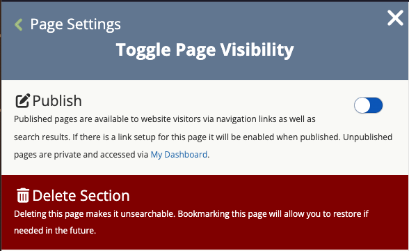 The Toggle Page Visibility panel with a Publish section and a switch set to on, followed by a red Delete Section area explaining that deleting the page makes it unsearchable and that bookmarking the page allows a later restore