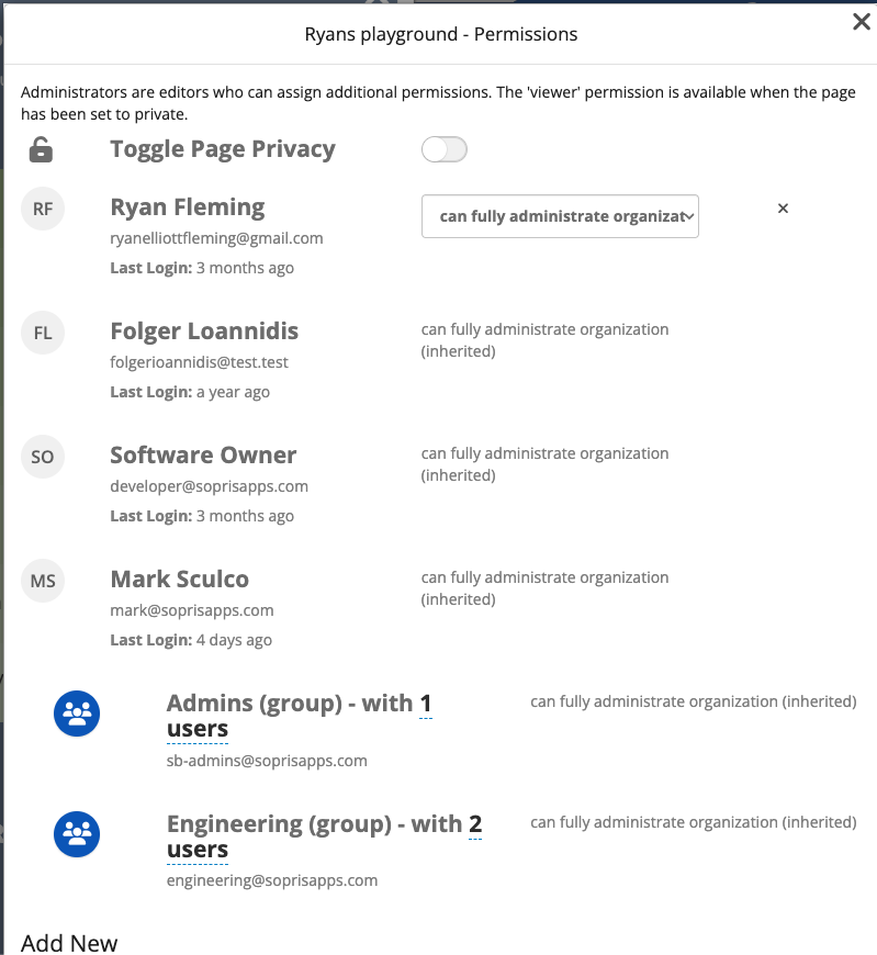 The Permissions window for Ryans playground, with a Toggle Page Privacy switch set to off, then a list of people with role labels reading can fully administrate organization, most marked inherited, followed by two group rows for Admins and Engineering