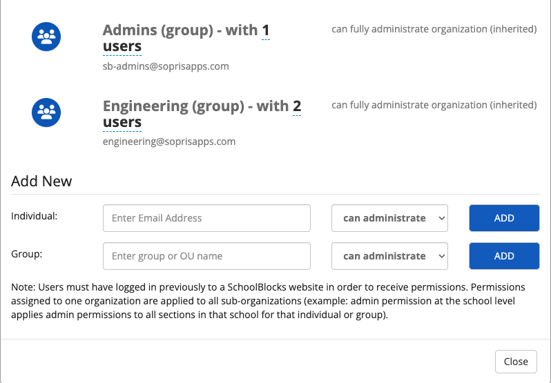 The Add New section of the Permissions window, with an Individual row containing an email address field and a role dropdown set to can administrate, a Group row containing a group or OU name field and a matching dropdown, and an ADD button on each row