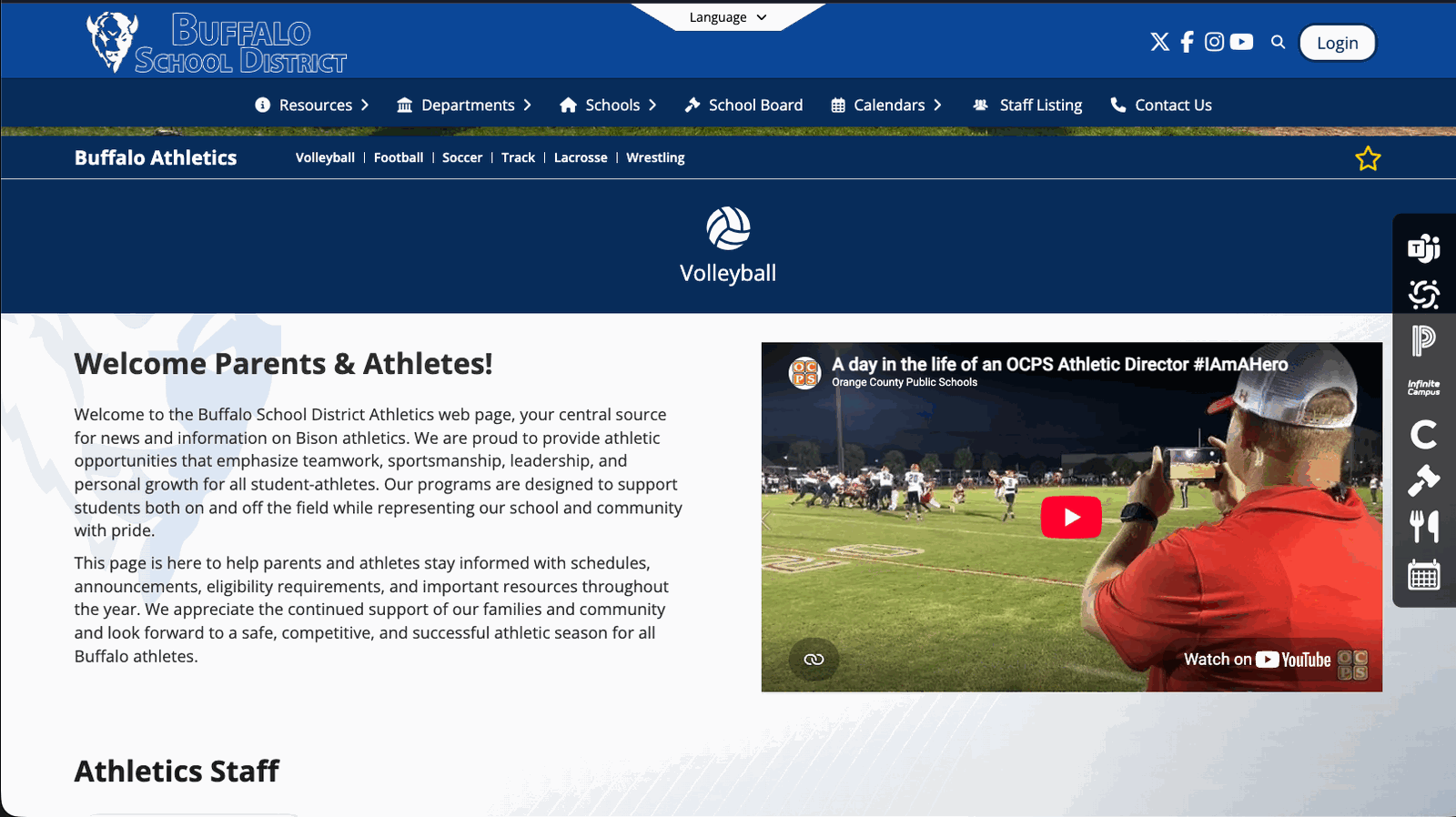 A Buffalo Athletics page with the page title on the left and a horizontal row of subpage links to Volleyball, Football, Soccer, Track, Lacrosse and Wrestling beside it. Below the row, the Volleyball subpage shows an About terrace headed Welcome Parents and Athletes with text and a video, followed by an Athletics Staff heading